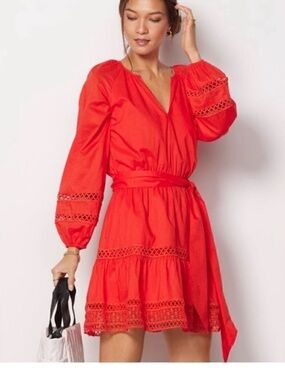 Evereve Red V‑Neck Lace‑Trim Waist‑Tie Mini Dress